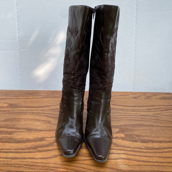 Vintage Y2K Brown Embroidered Floral Heel Boot 7.5 - Picture 2 of 12